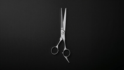 黒の無地背景で少し開いた理美容ハサミをドラマチックに撮影、人物なし