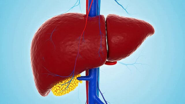 Detailed 3D illustration of human liver and gallbladder anatomy with blue veins
