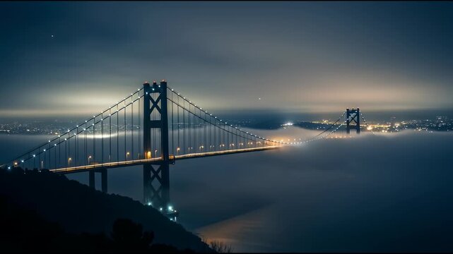 Suspension bridge illuminated at night above calm water landscape