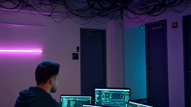young white man coding at monitors in neonlit command room, multiple laptops and large displays show dashboards and network logs, hoodie and cables on table, concentrated posture, nighttime