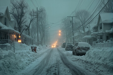 Snow-covered residential street at dusk with cars and houses in winter storm