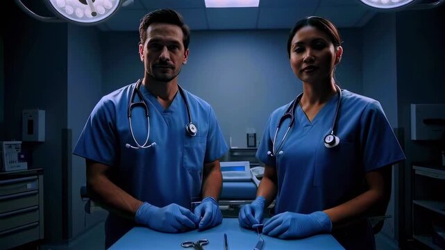 surgical team behind instrument tray, dim blue operating room lighting, male surgeon and female nurse in blue scrubs, gloved hands aligning stainless steel instruments on sterile drape,