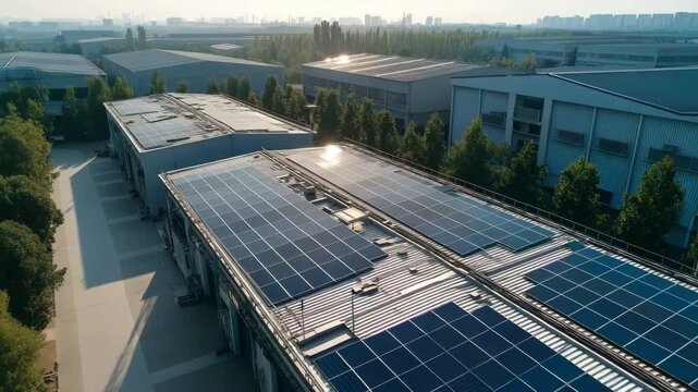An aerial view of a solar power plant that produces environmentally friendly electricity by mounting solar panels on the top of an industrial building