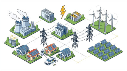 Vector illustration of renewable energy distribution houses, offices, factories, solar and wind plants, power grid pylons, transformers, and virtual battery storage..eps