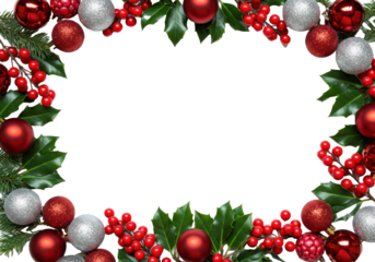 Photorealistic macro flat lay: luxurious festive border of emerald holly leaves, scarlet berries, and deep crimson/silver glitter baubles framing transparent copy space. Concept of christmas luxury
