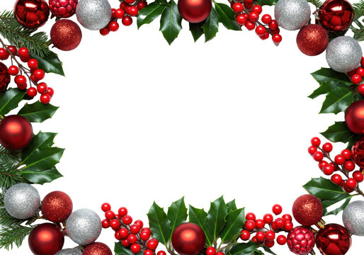Photorealistic macro flat lay: luxurious festive border of emerald holly leaves, scarlet berries, and deep crimson/silver glitter baubles framing transparent copy space. Concept of christmas luxury