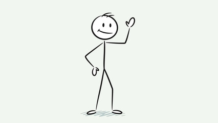 Stick Figure Man Standing with Hand Raised Looking Thoughtful Isolated White Background