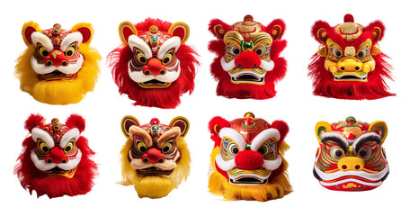 Colorful Traditional Lion Dance Masks for Cultural Festivals, Bundle Set Collection, Isolated on Transparent Background