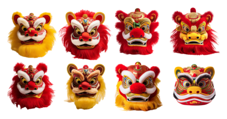 Colorful Traditional Lion Dance Masks for Cultural Festivals, Bundle Set Collection, Isolated on Transparent Background