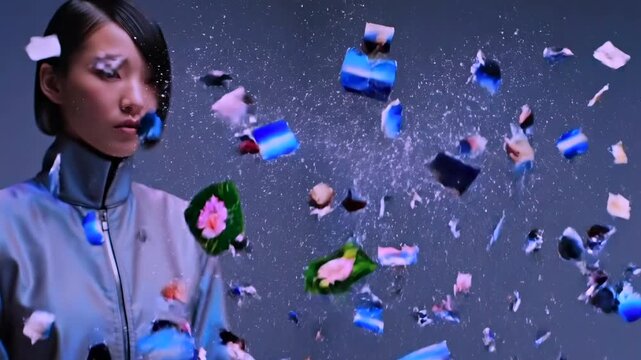 woman touching holographic head, digital memories fragment and float as blue particles, contemplative researcher in futuristic laboratory reconstructing images and data through delicate