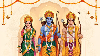 Obraz premium Ram Navami sacred illustration of Lord Ram with Sita and Lakshman standing in divine temple setting expressing Hindu festival devotion spirituality tradition