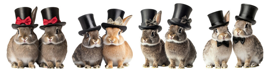 Adorable Rabbits in Top Hats for Fun Celebrations and Events, PNG bundle collection, Isolated on Transparent Background