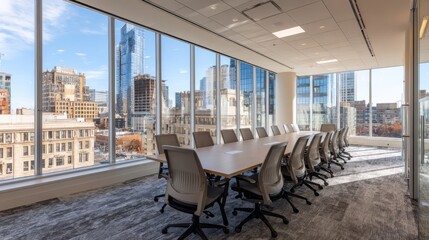 Modern open office space with long conference table, ergonomic chairs, and floor-to-ceiling windows overlooking a city skyline, ideal for corporate meetings and collaborative business environments