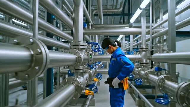 Professional assesses industrial valve pressure using portable device, Industrial maintenance worker utilizes handheld instrument to monitor pressure within stainless steel pipeline systems