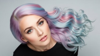 Woman With Long Wavy Pastel Colored Hair Featuring Pink Blue Purple Hues Against Gray Background