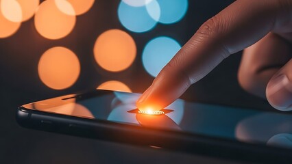 Finger touching smartphone screen with glowing orange button
