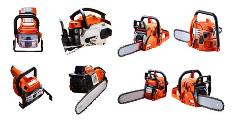High-Quality Chainsaws for Professional and Home Use in Various Angles, isolated on transparent background