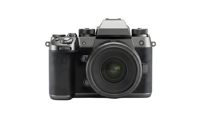 Modern digital camera with textured grip and lens isolated on black background, front view, sleek design for photography enthusiasts and professionals