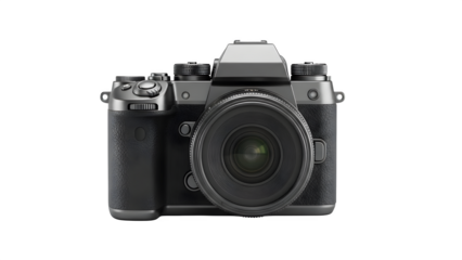 Modern digital camera with textured grip and lens isolated on black background, front view, sleek design for photography enthusiasts and professionals