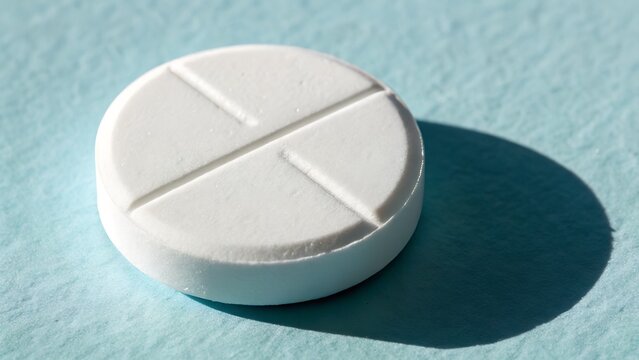 Close up of a white round pill with a cross shaped score line