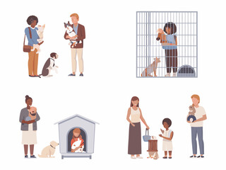 people adopting and caring for dogs in various settings