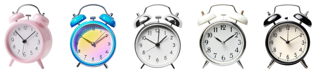 Colorful Alarm Clocks Showcasing Time Management for Busy Lives, isolated on transparent background