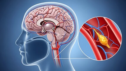 Human brain with highlighted aneurysm in detailed medical