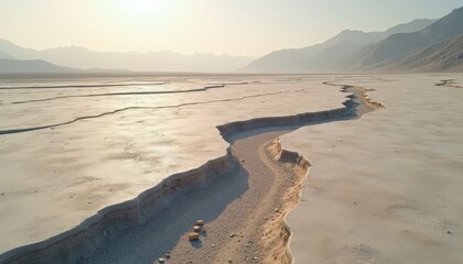 Dry Cracked Earth Landscape With Mountains In The Background During Golden Hour With Subtle Sun Flare Overhead And Vast Barren