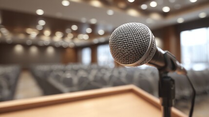 Obraz premium Closeup of microphone on podium with rows of empty chairs in modern business conference room ready for corporate meeting or presentation