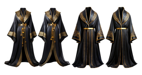Elegant Black and Gold Robes for Formal and Luxurious Occasions, PNG bundle collection, Isolated on Transparent Background