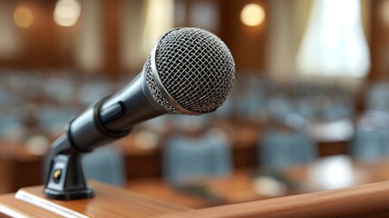 Obraz premium Closeup of microphone on podium with rows of empty chairs in modern business conference room ready for corporate meeting or presentation