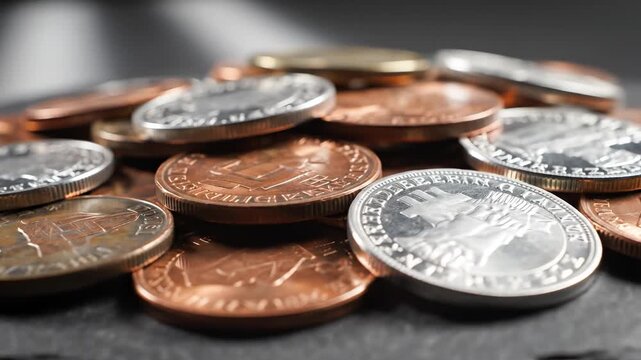 Stack of mixed metallic coins on stone