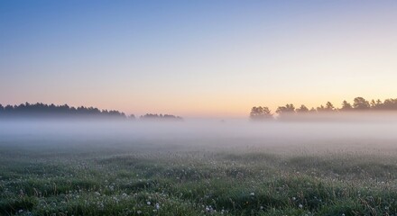 A peaceful, dreamy wide background showcasing soft focus light rays illuminating a misty, atmospheric meadow landscape, subtle, magical, template
