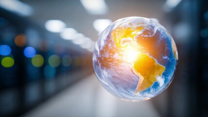 Global Data Nexus: The earth in a glass orb, illuminated by digital energy, floating within a server room, symbolizing the global network, information technology, and the power of data.  - Powered by Adobe