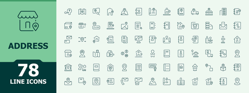 Address icon set. Minimal icons pack. Communication icon set. Pack of phone, call, email, contact us, personal information, location and more.