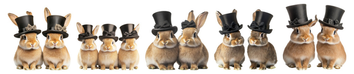 Elegant Rabbits in Top Hats for Whimsical or Fun Themes, PNG bundle collection, Isolated on Transparent Background