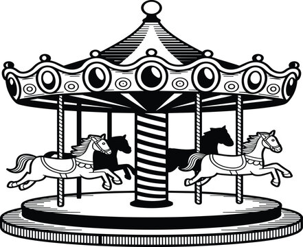 Vintage hand drawn carousel merry go round with horses, classic amusement park fairground attraction sketch vector illustration isolated on white background.