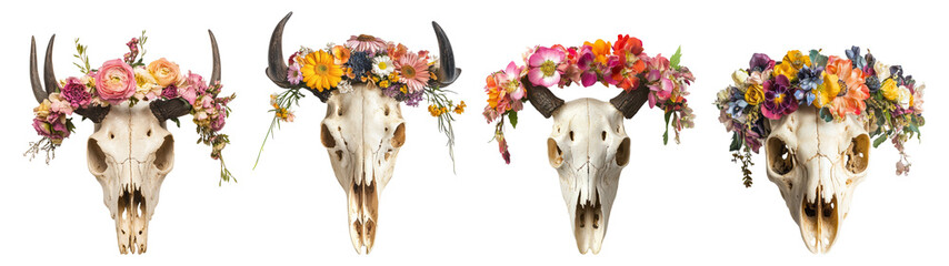 Decorative Animal Skulls with Colorful Floral Crowns for Boho Style, PNG bundle collection, Isolated on Transparent Background, PNG bundle collection, Isolated on Transparent Background