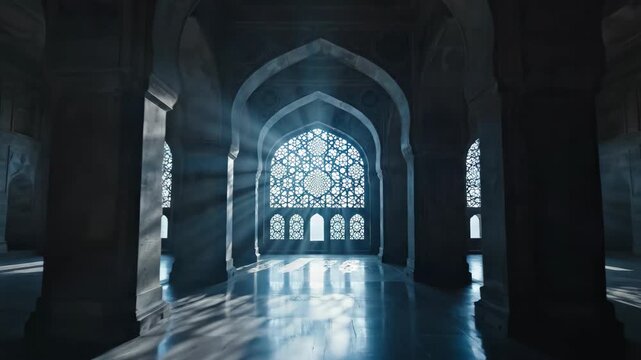 Interior of a dimly lit ancient mosque or palace hall with dramatic sun rays streaming through an ornate geometric window, creating light patterns on the marble floor