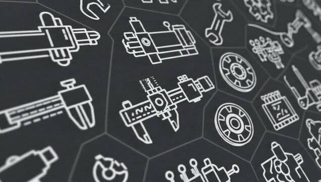 Mechanical engineering tools and gears on a dark background.