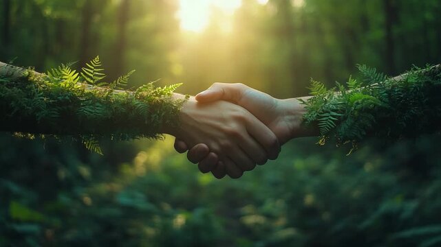 Eco-Partnership: Two hands clasped in a handshake, adorned with lush foliage, symbolize unity and collaboration in nature's embrace, under a canopy of green