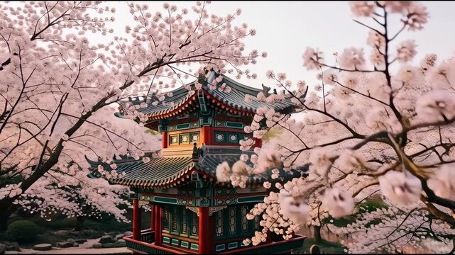 Traditional chinese pagoda amidst blooming cherry blossoms scenic view