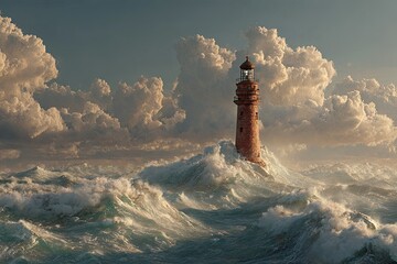 Lighthouse braves turbulent sea under voluminous cloudy sky