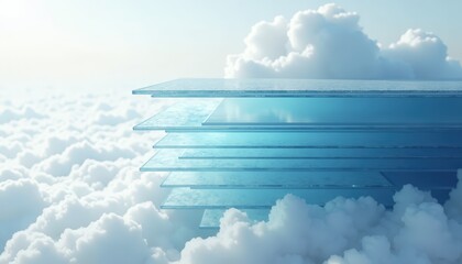Abstract futuristic glass building structure suspended high above soft white clouds under bright natural daylight sky surreal