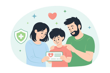 Happy family holding medical insurance card. Parents caring for child health, healthcare protection and family insurance concept