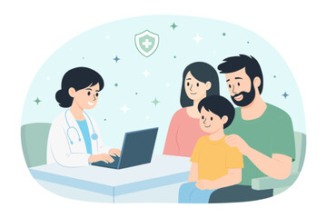 Family medical consultation with doctor. Healthcare insurance concept, pediatric care, family health protection illustration