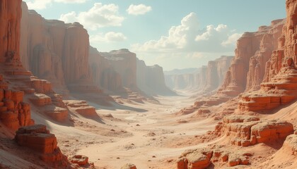 Vast desert canyon landscape with towering rock formations under a bright blue sky with scattered clouds during daytime natural