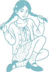 Delightful line art illustration capturing a young girl with braided pigtails, sitting playfully and embodying youthful charm and a whimsical spirit
