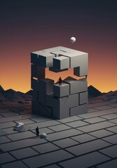 Surreal digital landscape showing impossible perspectives and fragmented geometric patterns creating an unsettling abstract illusion, pattern, tunnel, warping