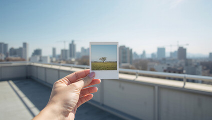 女性が都会の屋上で自然の写真を掲げ都市と記憶を対比させる